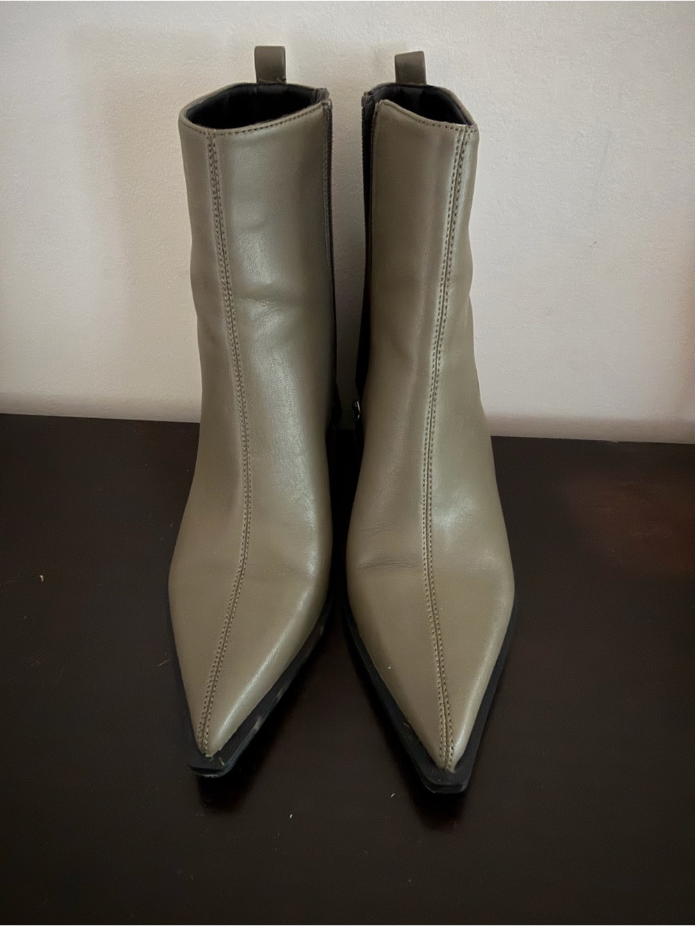 Topshop โBronxโ Pointed Toe Ankle Boots in Olive Green.
